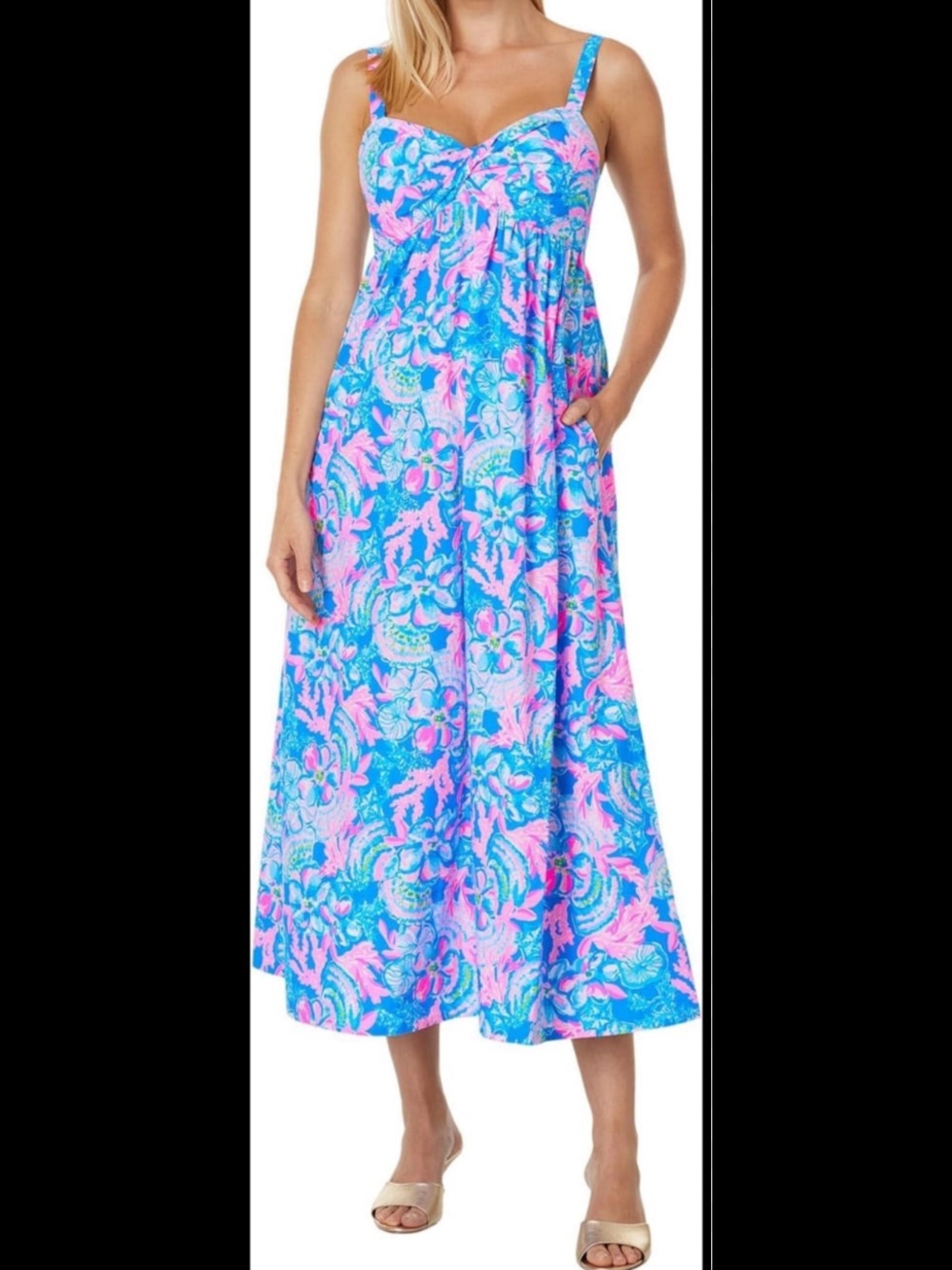 Lilly Pulitzer Azora Cotton Midi Dress Blue Tang Sitting Seaside